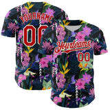 Custom Black Red-White 3D Pattern Design Tropical Anthurium Flower Authentic Baseball Jersey