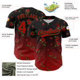 Custom Black Red-Green 3D Pattern Design Gothic Style Rose Authentic Baseball Jersey