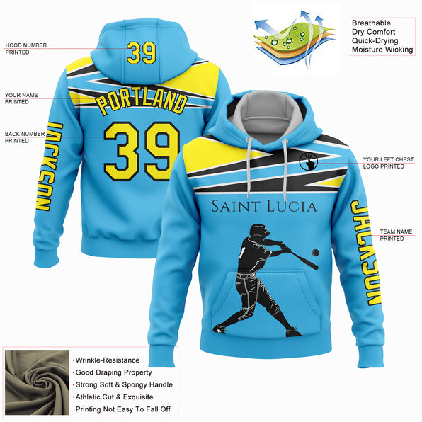 Custom Stitched Sky Blue Light Yellow-Black 3D Saint Lucia Saint Lucian Flag Sports Pullover Sweatshirt Hoodie