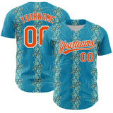 Custom Sky Blue Orange-White 3D Tropical Hawaii Jungle Leaves And Flower Authentic Baseball Jersey