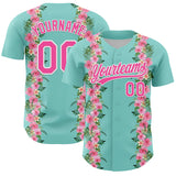 Custom Ice Blue Pink-White 3D Tropical Hawaii Jungle Leaves And Flower Authentic Baseball Jersey