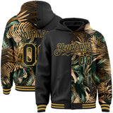 Custom Black Old Gold Tropical Hawaii Jungle Leaves 3D Bomber Full-Snap Varsity Letterman Hoodie Jacket