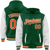 Custom Kelly Green Orange-White Bomber Full-Snap Varsity Letterman Two Tone Hoodie Jacket