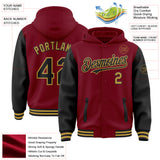 Custom Crimson Black-Old Gold Bomber Full-Snap Varsity Letterman Two Tone Hoodie Jacket