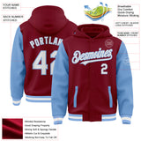 Custom Crimson White-Light Blue Bomber Full-Snap Varsity Letterman Two Tone Hoodie Jacket