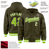 Custom Olive Neon Green-White Bomber Full-Snap Varsity Letterman Salute To Service Hoodie Jacket