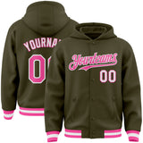 Custom Olive Pink-White Bomber Full-Snap Varsity Letterman Salute To Service Hoodie Jacket