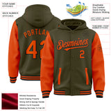 Custom Olive Orange-Black Bomber Full-Snap Varsity Letterman Two Tone Salute To Service Hoodie Jacket