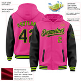 Custom Pink Black-Neon Green Bomber Full-Snap Varsity Letterman Two Tone Hoodie Jacket