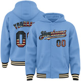 Custom Light Blue Vintage USA Flag Black-Cream Bomber Full-Snap Varsity Letterman Hoodie Jacket