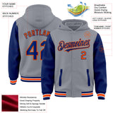 Custom Gray Royal-Orange Bomber Full-Snap Varsity Letterman Two Tone Hoodie Jacket