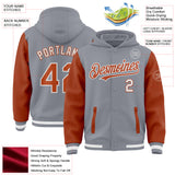 Custom Gray Texas Orange-White Bomber Full-Snap Varsity Letterman Two Tone Hoodie Jacket