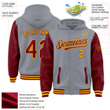 Custom Gray Crimson-Gold Bomber Full-Snap Varsity Letterman Two Tone Hoodie Jacket