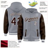 Custom Gray Brown-White Bomber Full-Snap Varsity Letterman Two Tone Hoodie Jacket