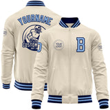 Custom Cream Light Blue-Navy Bomber Varsity Letterman Zipper Jacket