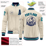 Custom Cream Teal Navy-Gray Bomber Varsity Letterman Zipper Jacket