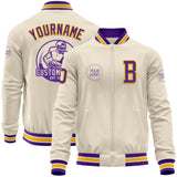 Custom Cream Purple Gold-White Bomber Varsity Letterman Zipper Jacket