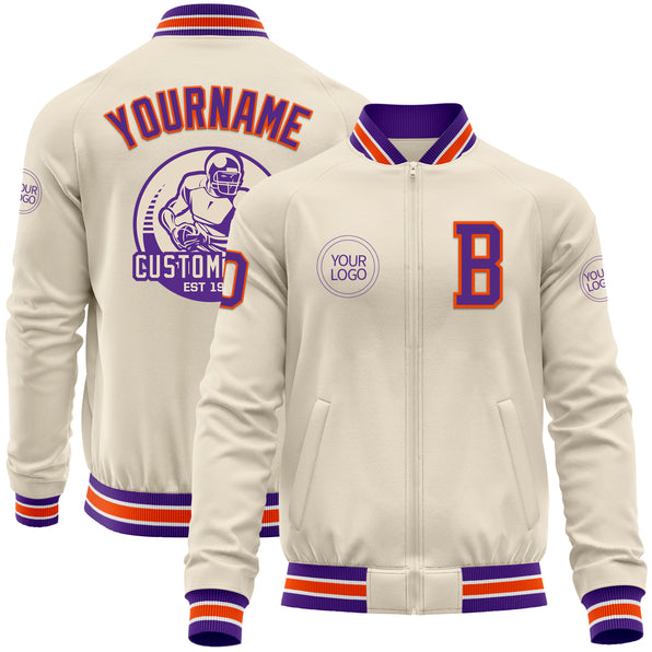 Custom Cream Purple Orange-White Bomber Varsity Letterman Zipper Jacket