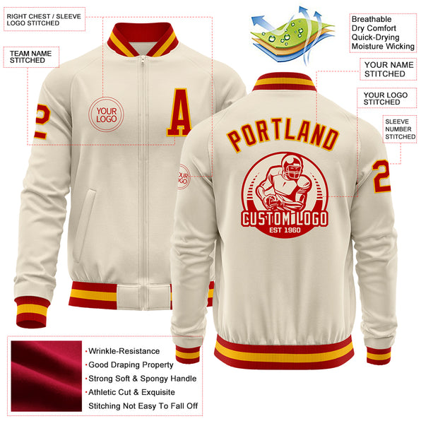 Custom Cream Red-Gold Bomber Varsity Letterman Zipper Jacket