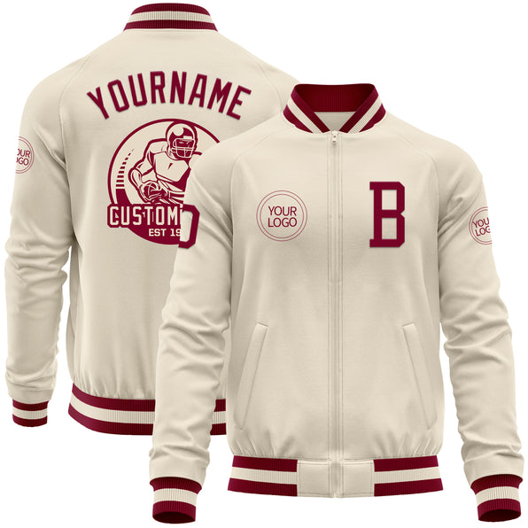 Custom Cream Maroon Bomber Varsity Letterman Zipper Jacket