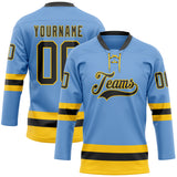 Custom Light Blue Black-Yellow Hockey Lace Neck Jersey