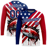 Custom US Navy Blue Red-White 3D American Flag And Bass Fish Fishing Long Sleeve Performance T-Shirt