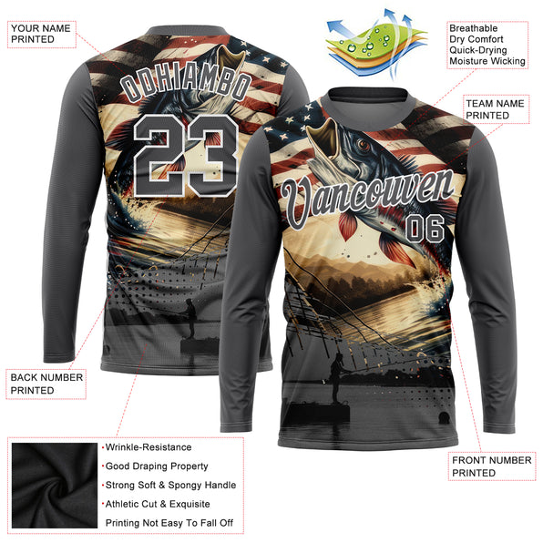 Custom Steel Gray White 3D American Flag And Fish Fishing Long Sleeve Performance T-Shirt