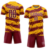 Custom Gold Crimson-White Splash Sublimation Soccer Uniform Jersey