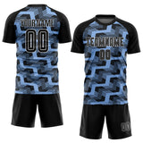 Custom Black Light Blue-White Line Sublimation Soccer Uniform Jersey