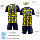 Custom Navy Light Yellow-White Line Sublimation Soccer Uniform Jersey