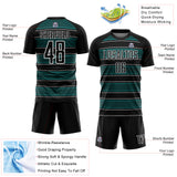 Custom Black Teal-White Geometric Shapes And Line Sublimation Soccer Uniform Jersey