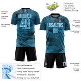 Custom Sky Blue Black-White Line Sublimation Soccer Uniform Jersey