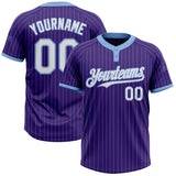 Custom Purple Light Blue Pinstripe White Two-Button Unisex Softball Jersey