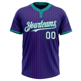 Custom Purple Teal Pinstripe White Two-Button Unisex Softball Jersey