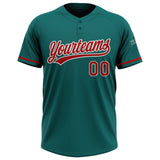 Custom Teal Red-White Two-Button Unisex Softball Jersey