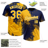 Custom Gold Navy-White 3D Pattern Abstract Brush Stroke Two-Button Unisex Softball Jersey