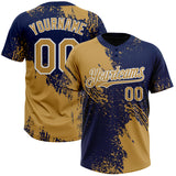 Custom Old Gold Navy-White 3D Pattern Abstract Brush Stroke Two-Button Unisex Softball Jersey
