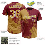 Custom Old Gold Crimson-White 3D Pattern Abstract Brush Stroke Two-Button Unisex Softball Jersey