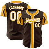 Custom Brown White-Gold 3 Colors Arm Shapes Authentic Baseball Jersey