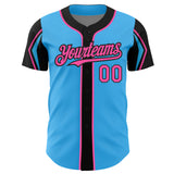 Custom Sky Blue Pink-Black 3 Colors Arm Shapes Authentic Baseball Jersey