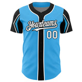 Custom Sky Blue White-Black 3 Colors Arm Shapes Authentic Baseball Jersey