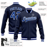 Custom Navy Royal-White Bomber Full-Snap Varsity Letterman Jacket