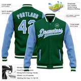 Custom Kelly Green Light Blue-White Bomber Full-Snap Varsity Letterman Two Tone Jacket