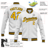 Custom White Gold-Black Bomber Full-Snap Varsity Letterman Jacket