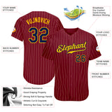 Custom Crimson Cream Pinstripe Navy-Gold Authentic Baseball Jersey